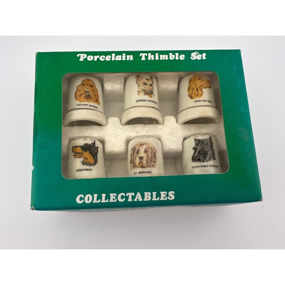 Vintage Dog Breed Porcelain Thimble Set In Box Made In Taiwan Collectible